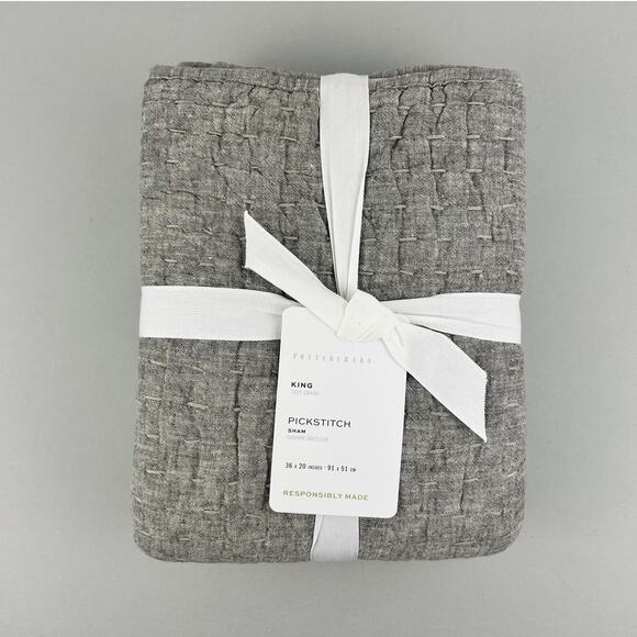 Pottery Barn Pickstitch Sham King Light Gray Linen Cotton Pillow Cover NWT - Picture 1 of 7
